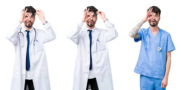 Koláž Člověka Doktor Lékařských Kabátě Izolované Pozadí Dělá Gesto Šokován — Stock fotografie