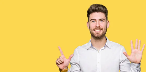 Young Handsome Business Man Showing Pointing Fingers Number Seven While — Stock Photo, Image