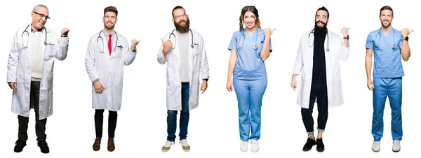 Колаж Групи Лікарів Хірургів Людей Над Білим Ізольованим Тлом Посміхаючись — стокове фото