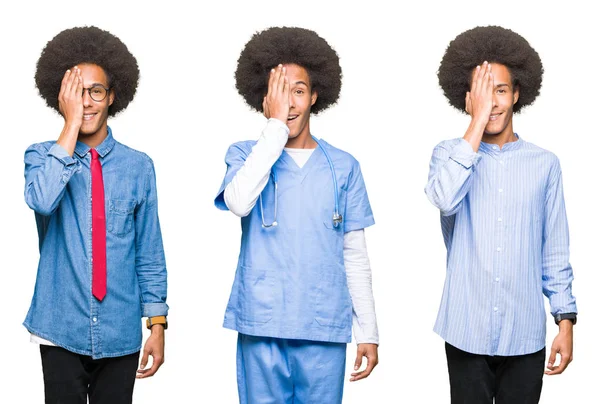 Colagem Jovem Com Cabelo Afro Sobre Fundo Isolado Branco Cobrindo — Fotografia de Stock