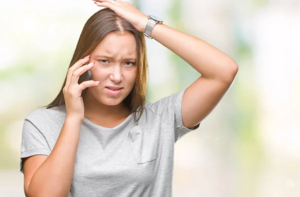 Unga Vackra Kaukasiska Kvinna Pratar Smartphone Över Isolerade Bakgrund Stressad — Stockfoto