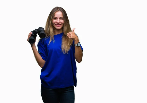 Jonge Mooie Blonde Vrouw Zoek Door Middel Van Verrekijkers Geïsoleerde — Stockfoto