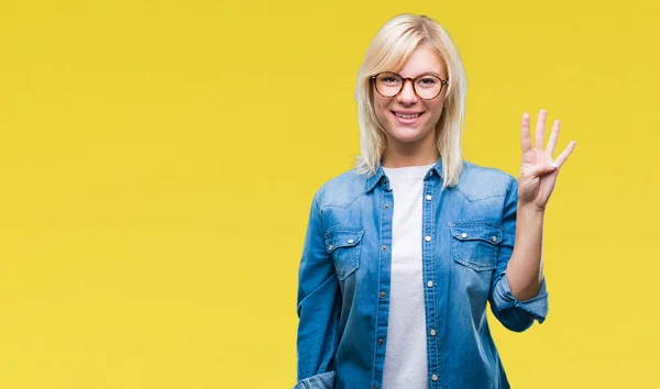 Joven Hermosa Mujer Rubia Con Gafas Sobre Fondo Aislado Mostrando —  Fotos de Stock