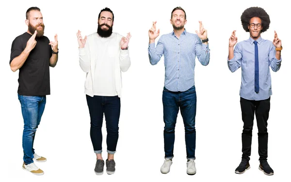 Collage Van Groep Jonge Mannen Witte Geïsoleerde Achtergrond Glimlachend Kruising — Stockfoto