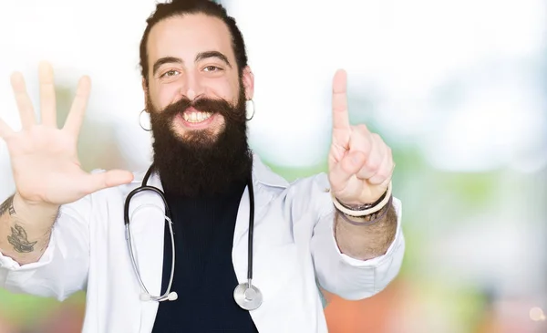 Doctor Long Hair Wearing Medical Coat Stethoscope Showing Pointing Fingers — Stock Photo, Image