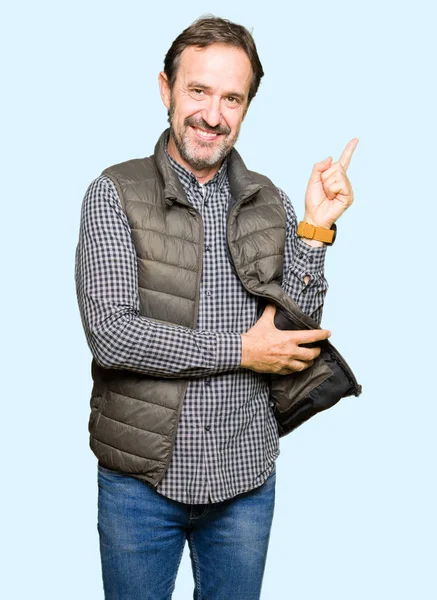 Middle Age Handsome Man Wearing Winter Vest Big Smile Face — Stock Photo, Image