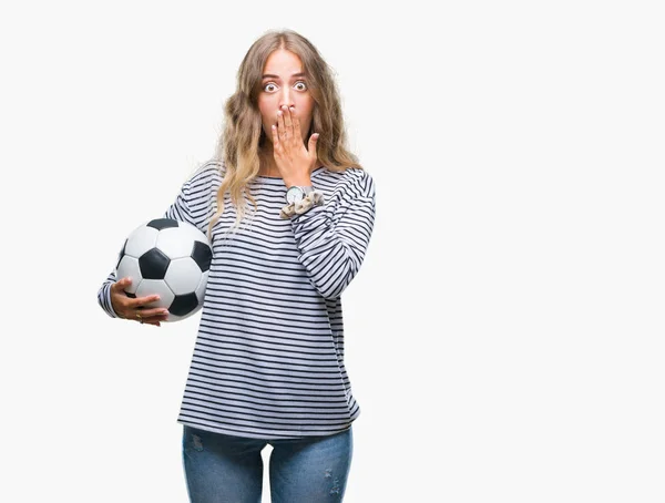 Krásná Mladá Blondýnka Drží Míč Fotbal Fotbal Izolované Pozadí Kryt — Stock fotografie