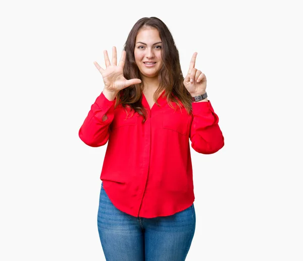 Mooie Grootte Jonge Zakenvrouw Geïsoleerde Achtergrond Tonen Omhoog Met Vingers — Stockfoto