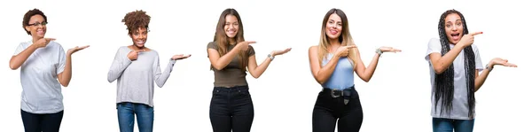Collage Van Groep Jonge Vrouwen Geïsoleerde Achtergrond Verbaasd Lachend Naar — Stockfoto