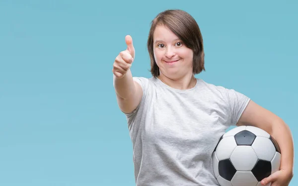 Młoda Kobieta Dorosłych Zespołem Downa Trzymając Piłka Nożna Piłka Nożna — Zdjęcie stockowe