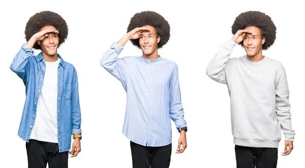 Collage Eines Jungen Mannes Mit Afrohaaren Vor Weißem Isoliertem Hintergrund — Stockfoto