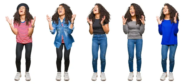 Collage Vacker Ung Kvinna Med Lockigt Hår Över Vita Isolerade — Stockfoto