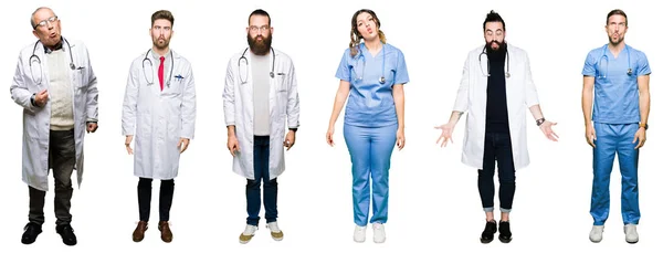 Collage Van Groep Van Artsen Chirurgen Mensen Witte Geïsoleerde Achtergrond — Stockfoto