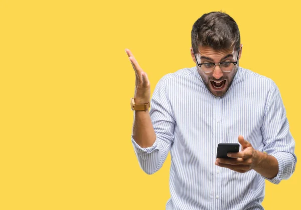 Jonge Knappe Man Texting Met Smartphone Geïsoleerd Achtergrond Erg Blij — Stockfoto