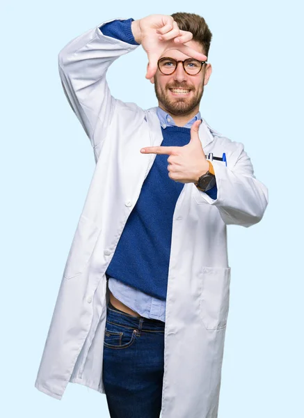 Young Handsome Scientist Man Wearing Glasses Smiling Making Frame Hands — Stock Photo, Image