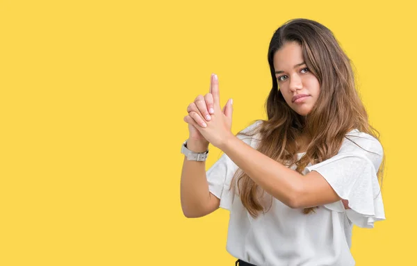 Jovem Bela Mulher Negócios Morena Sobre Fundo Isolado Segurando Arma — Fotografia de Stock