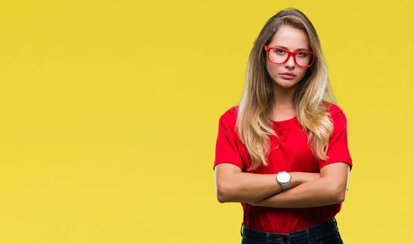 Unga Vackra Blonda Kvinnan Bär Glasögon Över Isolerade Bakgrund Skeptiker — Stockfoto