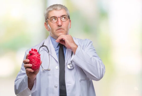Przystojny Senior Kardiolog Lekarz Mężczyzna Trzymając Serca Białym Tle Poważne — Zdjęcie stockowe