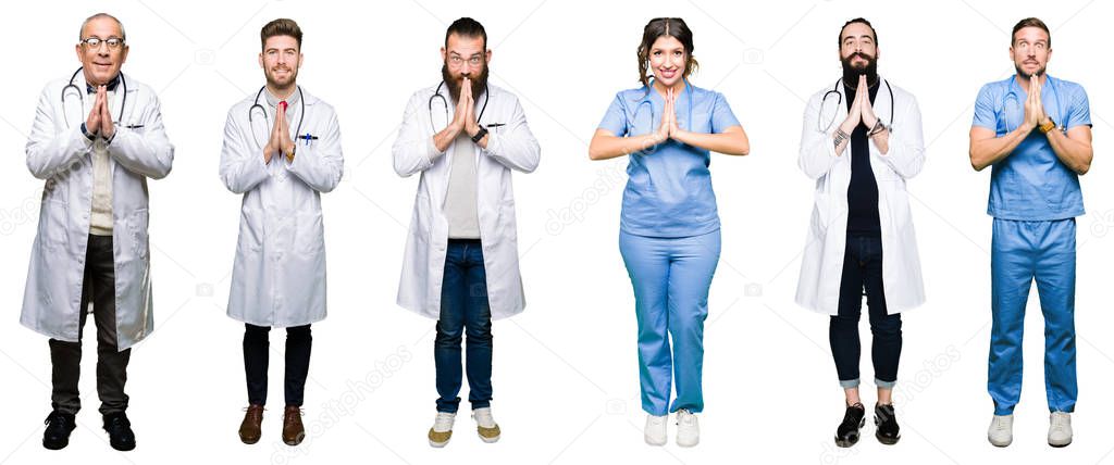 Collage of group of doctors and surgeons people over white isolated background praying with hands together asking for forgiveness smiling confident.