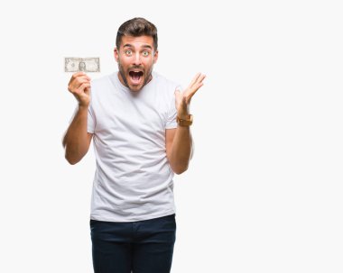 Kocaman bir gülümseme ile çığlık zaferini kutluyor ve ellerini kaldırdı izole arka plan çok mutlu ve heyecanlı, kazanan ifade üzerinde dolar tutan genç yakışıklı adam