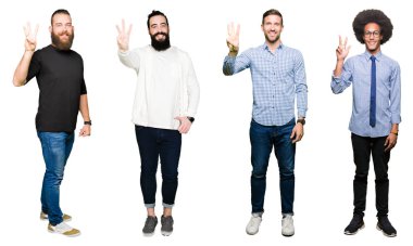 Kolaj genç erkekler üzerinde gösterilen ve parmakları ile işaret beyaz izole arka plan Grubu'nun üçüncü ise kendinden emin ve mutlu gülümseyerek.