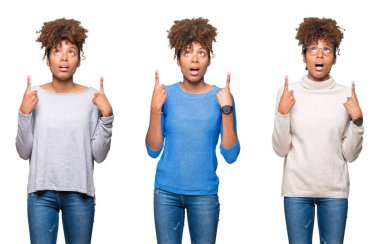 Kolaj genç güzel Afrikalı kızın üzerinden hayran ve yukarıya bakıyor ve parmakları ile işaret ve silah kaldırdı sürpriz izole arka plan.