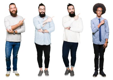 Kolaj bir grup genç adam beyaz izole üzerinde işaretleme için reklam, ciddi ve sakin yüz gösterilen yan el parmak ile arka plan