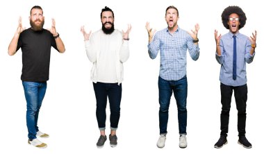 Kolaj bir grup genç adam beyaz üzerinde arka plan deli izole ve deli bağırarak ve agresif ifade ve silah kaldırdı bağırıyor. Hayal kırıklığı kavramı.