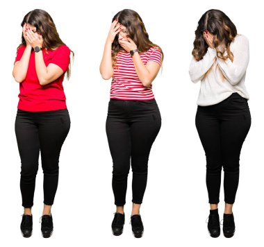 Kolaj güzel genç kadın beyaz bir arka plan üzgün ifade yüz eller ile ağlayarak süre kapsayan ile izole. Depresyon kavramı.