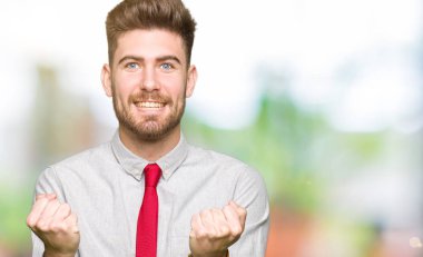 Genç yakışıklı iş adamı kutluyor şaşırttı ve başarı için kaldırdı kollarını açarak hayret ve gözleri açık. Kazanan kavramı.