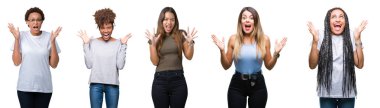 Kolaj bir grup genç kadını deli kutluyor ve silah ile başarı için heyecanlı çığlık kaldırdı ve açık gözleri hayret izole arka plan üzerinde. Kazanan kavramı