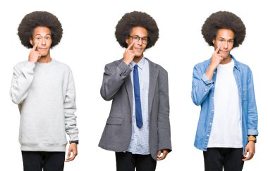 Kolaj üzerinde beyaz izole afro saçlı Genç adam bir işaretçi göz izlerken seni jest için şüpheli ifade arka plan