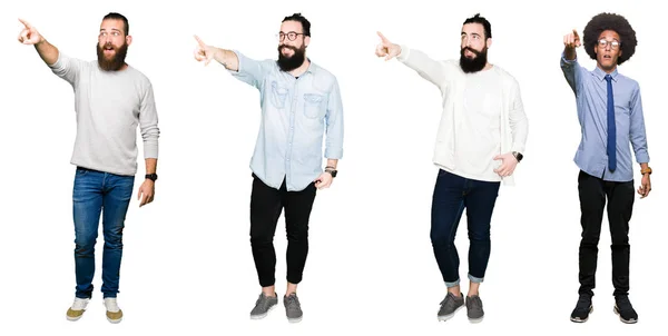 Collage Grupp Unga Män Över Vita Isolerade Bakgrund Pekar Finger — Stockfoto