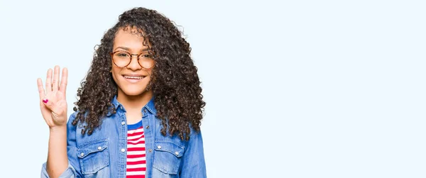 Young Beautiful Woman Curly Hair Wearing Glasses Showing Pointing Fingers — Stock Photo, Image