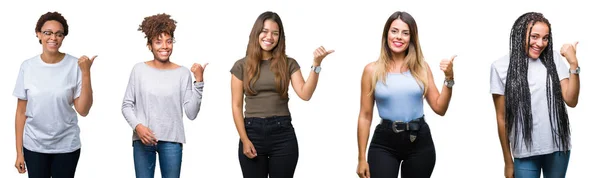 Collage Gruppo Giovani Donne Sfondo Isolato Sorridente Con Volto Felice — Foto Stock