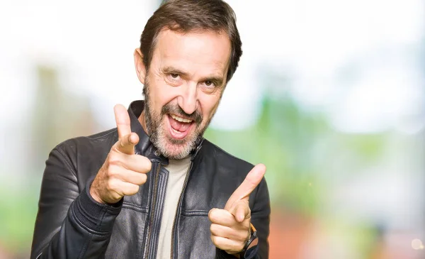 Middle Age Handsome Man Wearing Black Leather Jacket Pointing Fingers — Stock Photo, Image