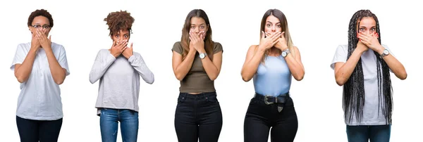 Collage Groupe Jeunes Femmes Sur Fond Isolé Choqué Couvrant Bouche — Photo