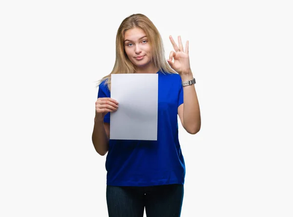 Young Caucasian Woman Holding Blank Paper Sheet Isolated Background Doing — Stock Photo, Image