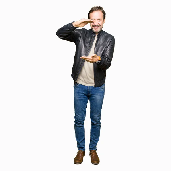 Middle Age Handsome Man Wearing Black Leather Jacket Gesturing Hands — Stock Photo, Image