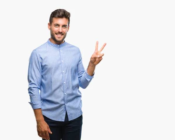 Jovem Homem Bonito Sobre Fundo Isolado Sorrindo Com Rosto Feliz — Fotografia de Stock