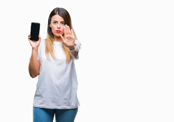 Junge Schöne Frau Zeigt Leeren Bildschirm Des Smartphones Über Isoliertem — Stockfoto