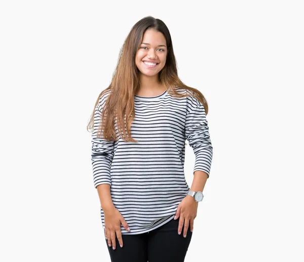 Young Beautiful Brunette Woman Wearing Stripes Sweater Isolated Background Happy — Stock Photo, Image