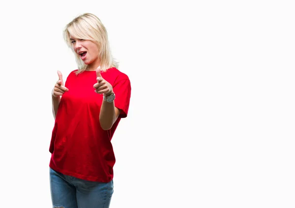 Joven Hermosa Mujer Rubia Con Camiseta Roja Sobre Fondo Aislado —  Fotos de Stock