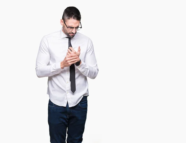 Joven Hombre Negocios Guapo Con Gafas Sobre Fondo Aislado Sufriendo — Foto de Stock