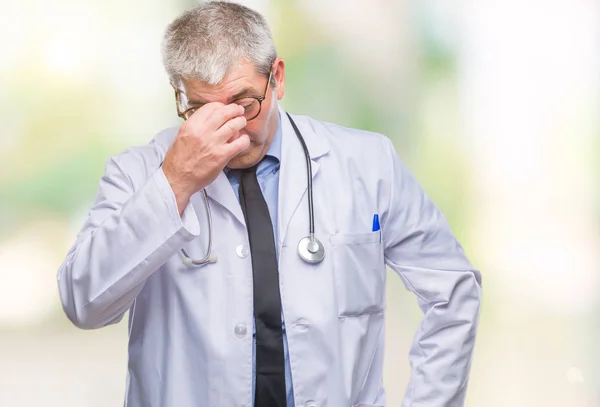 Handsome Senior Doctor Man Isolated Background Tired Rubbing Nose Eyes — Stock Photo, Image