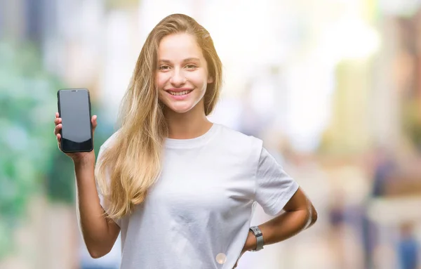 Genç Güzel Sarışın Kadın Gösteren Ekran Smartphone Üzerinde Duran Diş — Stok fotoğraf