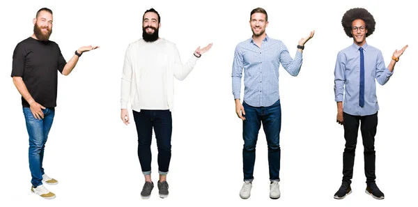Collage Van Groep Jonge Mannen Witte Geïsoleerde Achtergrond Lacht Vrolijk — Stockfoto