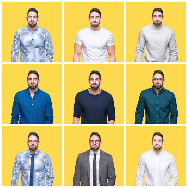 Collage Hombre Guapo Sobre Amarillo Aislado Fondo Hinchando Mejillas Con —  Fotos de Stock