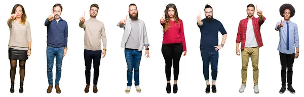 Collage Von Menschen Vor Weißem Hintergrund Die Mit Erhobenem Finger — Stockfoto