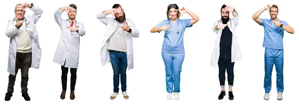 Collage Grupo Médicos Cirujanos Personas Sobre Fondo Blanco Aislado Sonriendo — Foto de Stock